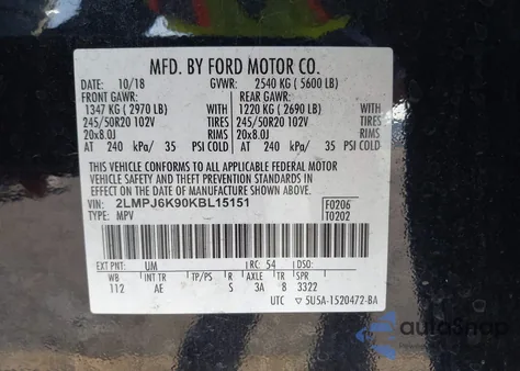 2019 Lincoln Nautilus Select z USA, uszkodzony, nr VIN 2LMPJ6K90KBL15151